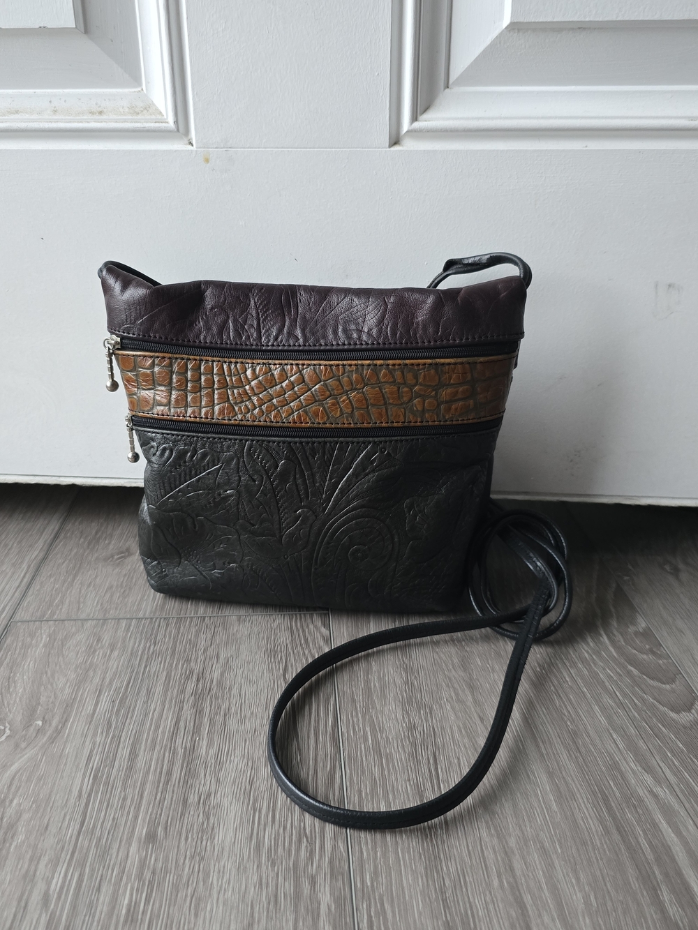 GreatBags Maple Leather USA Patchwork Tooled Crossbody Bag Croc Embossed